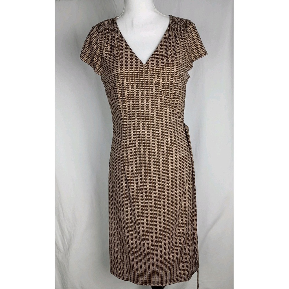 Ann Taylor LOFT Wrap Dress Brown & Tan Chain Link Pattern‎ Short Sleeve Size 10